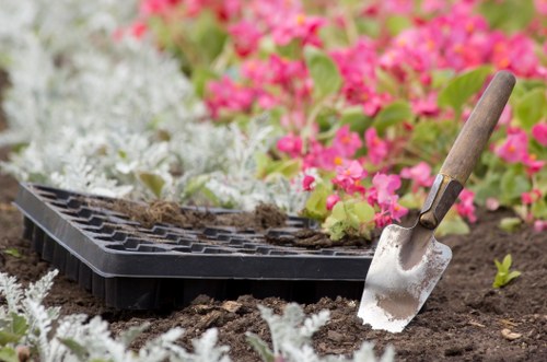 Close-up of trimmed hedge and pruning tools for Sudbury maintenance